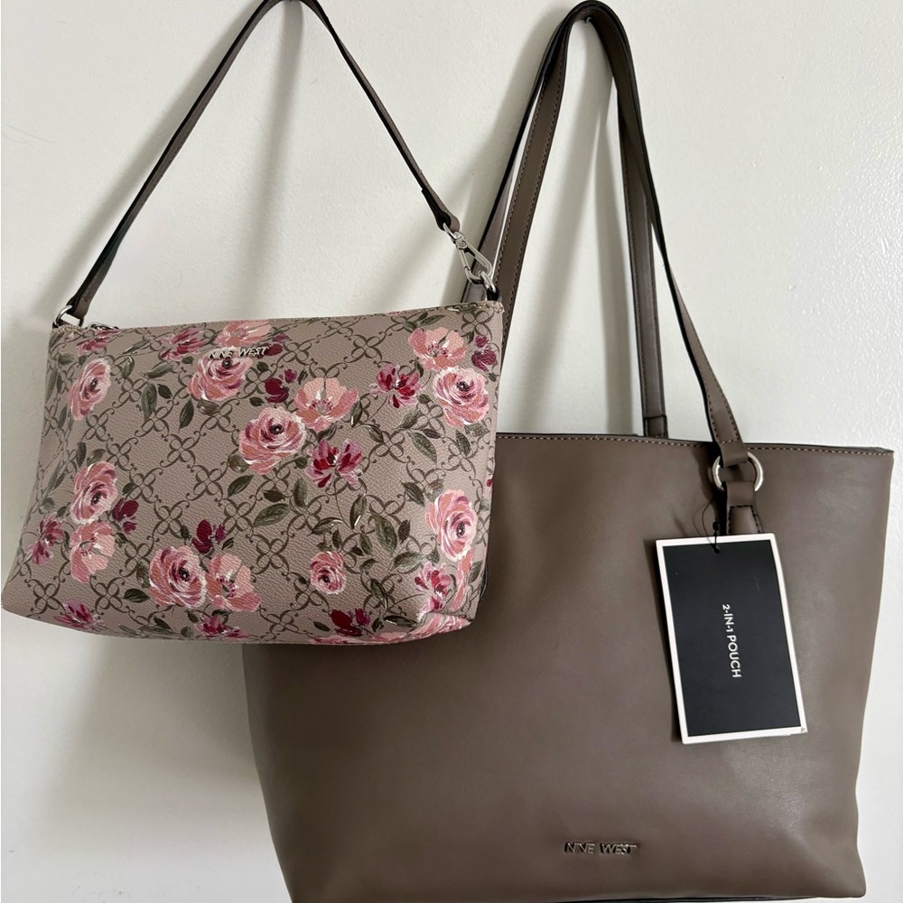 NWT Nine West Taupe Tote with Pink Floral Pouch